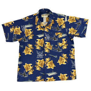 Vintage US NAVY Eagle Crest Hawaiian Camp Shirt Short Sleeve Blue Size Large